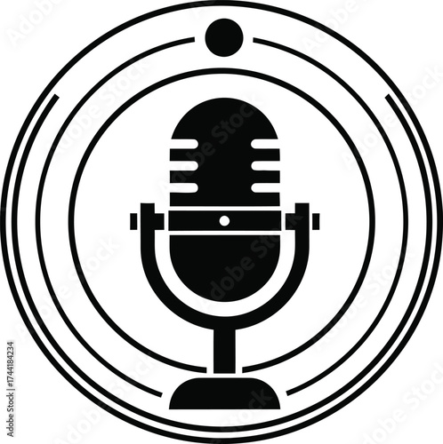 Retro microphone icon with concentric circles and a dot symbolizing sound waves and broadcasting