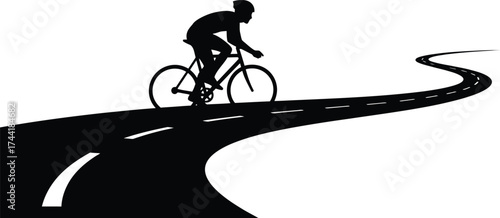 Silhouette of a cyclist riding a bicycle on a winding road with white dashed lines against a white background