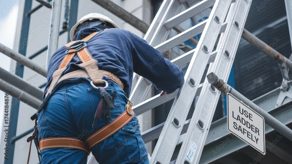 Fototapeta premium safety training workplace routine concept. Worker climbing a ladder with safety gear, emphasizing construction site safety.