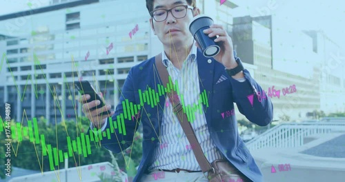 Executive settling on terrace seat taking phone and tracking stocks with financial charts flowing