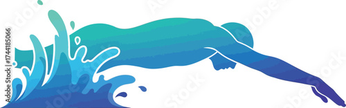 Dynamic swimmer diving powerfully into cool blue water with splash, showcasing strength and determination for sports, fitness, and healthy lifestyle visuals