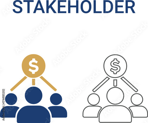 Stakeholder Lien art icons. Collection of goal setting, team targets, leadership, collaboration, and more. Vector illustration. Easily changes to any color.