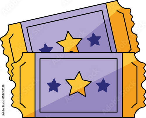 Two purple tickets with yellow borders and stars on white background admission entry