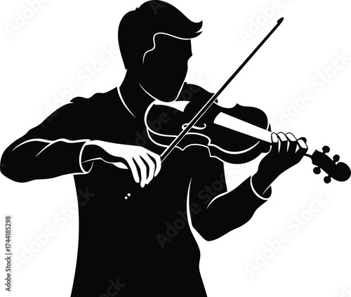 Silhouette of a man playing the violin with a bow on a white background