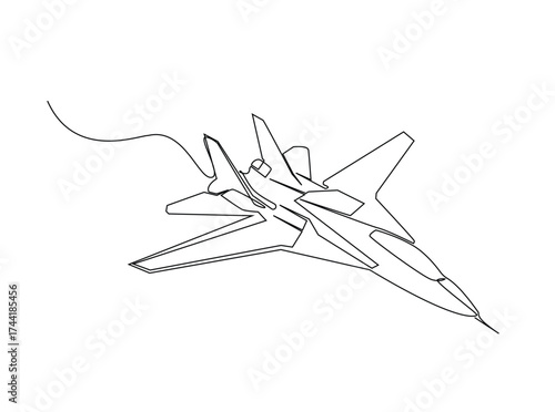 Military fighter jet plane in single outline illustration. Continuous line art drawing of military fighter jet plane. Editable stroke.