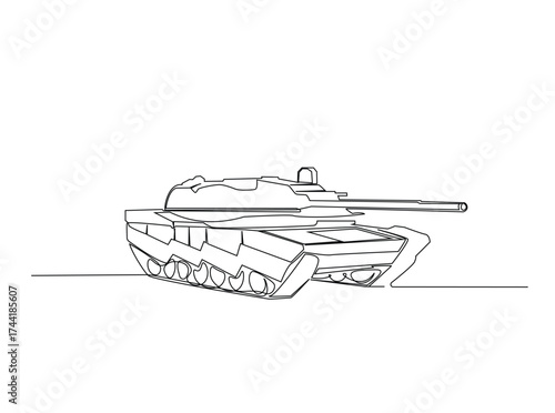 Military main battle tank in single outline illustration. Continuous line art drawing of army main battle tank. Editable stroke.
