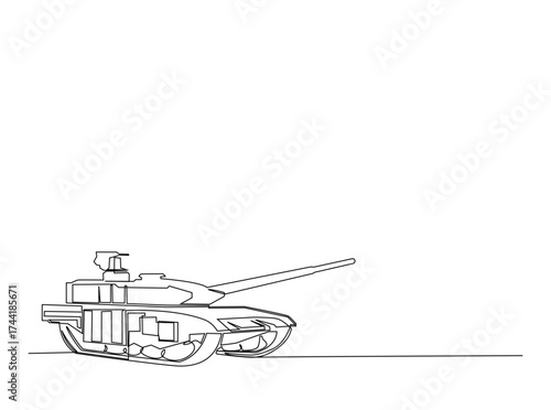 Military main battle tank in single outline illustration. Continuous line art drawing of army main battle tank. Editable stroke.