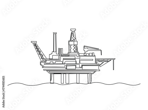 Ocean petrol drilling platform in single outline illustration. Continuous line art drawing of Offshore oil rig in the ocean. Editable stroke.