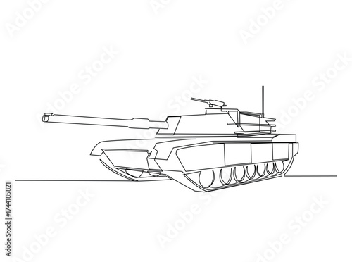 Military main battle tank in single outline illustration. Continuous line art drawing of army main battle tank. Editable stroke.