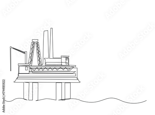 Ocean petrol drilling platform in single outline illustration. Continuous line art drawing of Offshore oil rig in the ocean. Editable stroke.