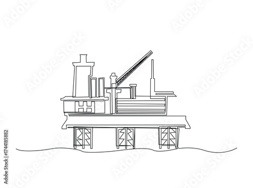 Ocean petrol drilling platform in single outline illustration. Continuous line art drawing of Offshore oil rig in the ocean. Editable stroke.