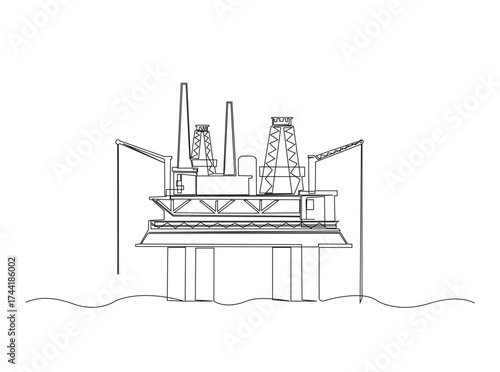 Ocean petrol drilling platform in single outline illustration. Continuous line art drawing of Offshore oil rig in the ocean. Editable stroke.