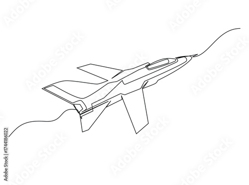 Military fighter jet plane in single outline illustration. Continuous line art drawing of military fighter jet plane. Editable stroke.
