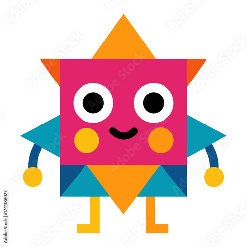 Geometric monster character design in vibrant colors on a white background creating a fun mood