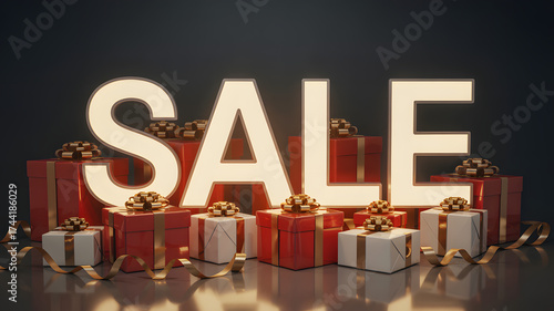 Unwrap the Savings! Stunning illuminated SALE sign with elegant gift boxes and gold ribbons for your holiday promotions and seasonal marketing campaigns