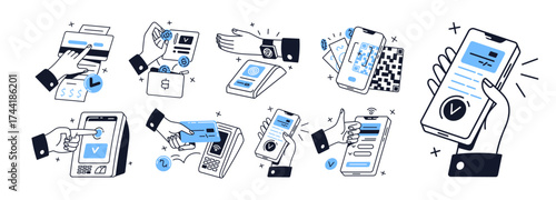 Contour concept set of contactless cashless payment technology. Hands pay by pos machine by credit card, mobile phone, watches. NFC tech. Flat isolated outline vector illustrations on white background