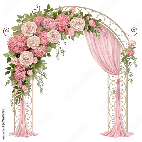 Elegant wedding arch adorned with pink hydrangeas, roses, and draped fabric.