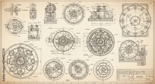Vintage Mechanical Engineering Blueprints technical drawing