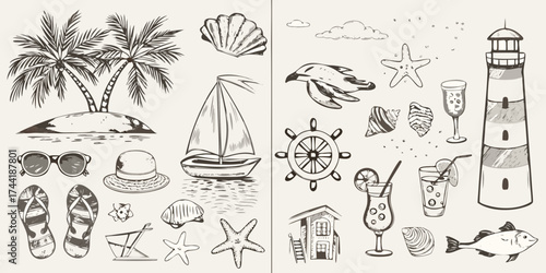 Collection of hand drawn beach and nautical elements including a lighthouse sailboat palm trees and tropical drinks