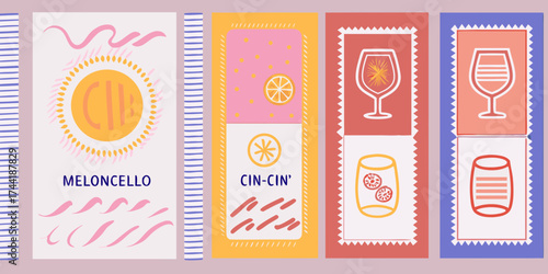 Collection of stylized beverage labels and illustrations featuring citrus fruits and drinkware in a playful retro aesthetic