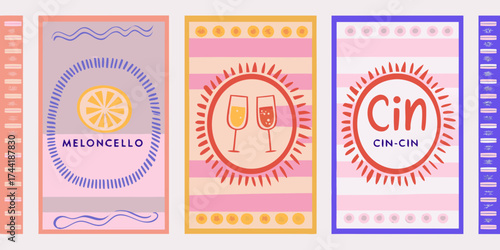 Three stylized posters featuring drinks and celebratory messages with a retro aesthetic