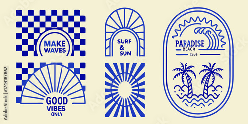 Collection of retro blue and white beach and surf themed graphic designs and logos