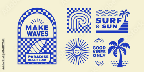 Collection of retro inspired blue and white graphic design elements for surf and beach themes