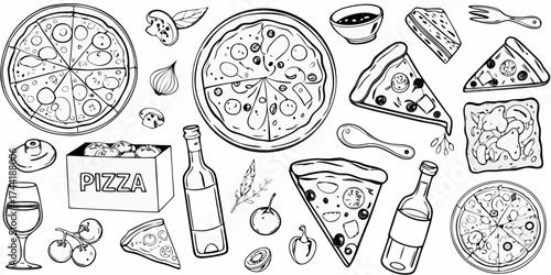 A hand drawn collection of delicious pizza slices whole pizzas ingredients and drinks