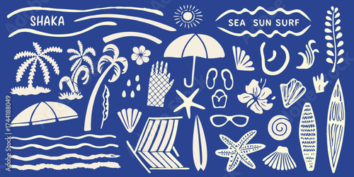 Collection of hand drawn summer beach elements and tropical icons on blue background