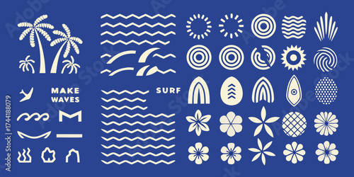 Collection of tropical and surfing themed icons and graphics on a blue background