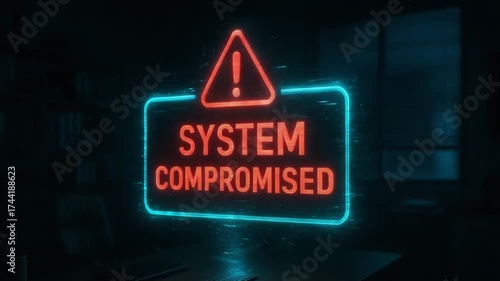 A glowing warning sign indicating a compromised system, representing cybersecurity threats and digital vulnerabilities.