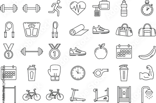 Fitness and wellness icon set, black-and-white gym gear, cardio, nutrition, health symbols for apps, merch, branding, educational kits