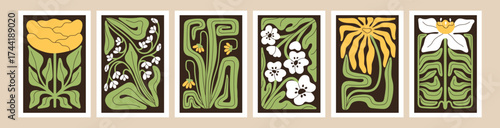 Set of poster designs with abstract flowers. Crooked wildflowers with twisted green leaves on cards with frame. Irregular bloom plants, floral shapes on modern wall art. Flat vector illustrations.