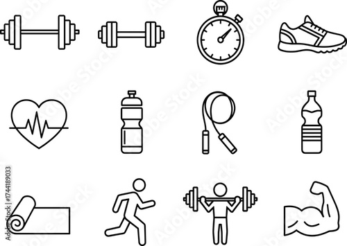 Fitness essentials icon set, black-and-white gym gear, cardio, health symbols, workout tools for apps, merch, branding, wellness kits