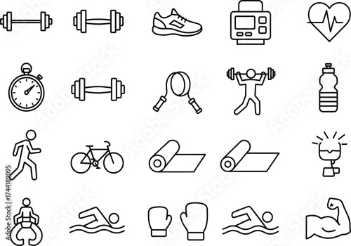 Fitness essentials icon set, black-and-white gym gear, cardio, health symbols, workout tools for apps, merch, branding, wellness kits