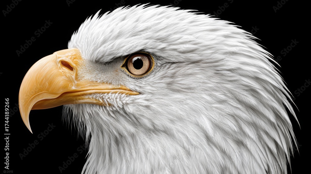 Fototapeta premium Majestic bald eagle head in a watchful pose representing strength against a solid black background
