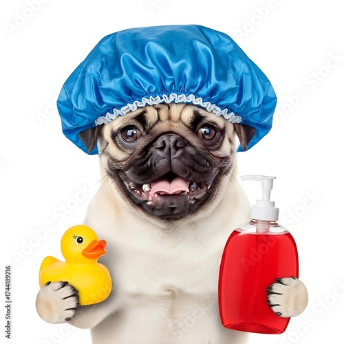 Pug dog wearing blue shower cap holding rubber duck and soap