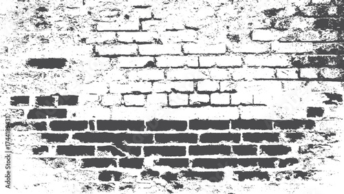 Black and white rough brick wall vector with old distressed grunge texture. Worn and aged brick wall background with high contrast grunge texture. 