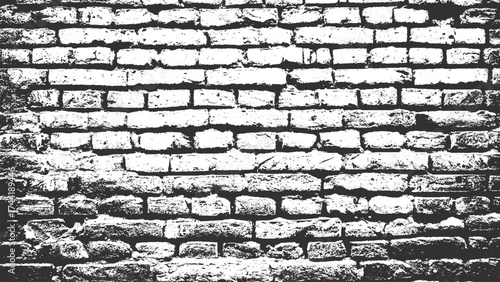 Black and white rough brick wall vector with old distressed grunge texture. Worn and aged brick wall background with high contrast grunge texture. 