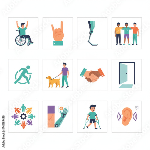 Disability, Inclusion, and Accessibility Flat Icon Set with Adaptive Technology