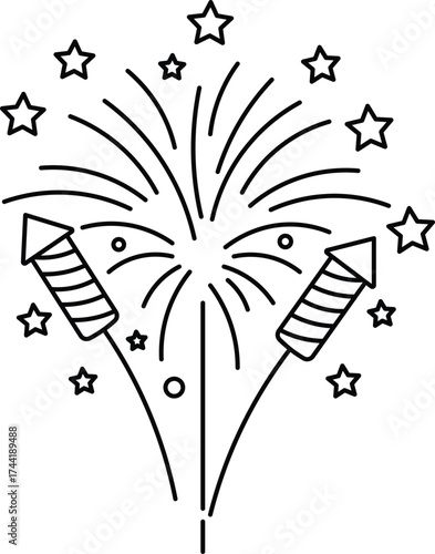 Black outline illustration of fireworks exploding with rockets and stars explosion celebration
