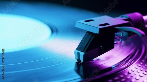 A vinyl record spins under a neon-lit turntable needle. Close-up view with shades of blue and purple