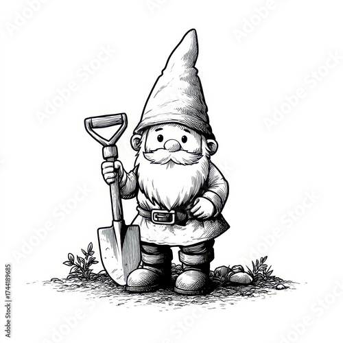 Gnome gardening with shovel enchanted forest illustration whimsical front view fantasy concept