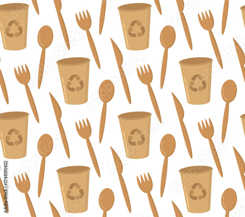 Seamless pattern with eco-friendly disposable tableware. Background with forks, spoons, knifes and cups made from recycled materials	