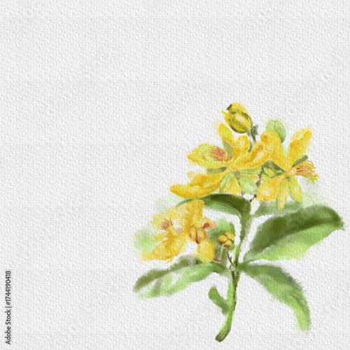 A simple, delicate watercolor illustration of yellow flowers and green leaves on a textured white paper background. The artwork has a soft, artistic feel with plenty of copy space.