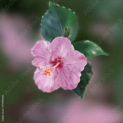 Beautiful pink hibiscus flower with green leaves on a soft blurred background, realistic digital painting style, perfect for floral art, fabric patterns, and decorative design.