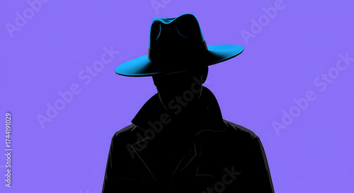 mysterious silhouette of person in trench coat and fedora hat against dark background