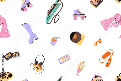 Repeatable pattern of 80s accessories. Different items of 1980s style on endless background: tape recorder, retro cassettes, fashion magazines, vinyl. 1980 nostalgia. Flat seamless vector illustration