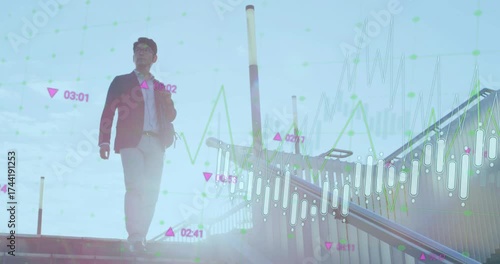 Executive stepping onto first stair descending steps with candlestick chart syncing to show trends