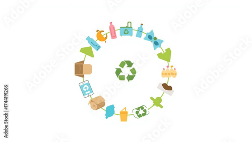Diverse waste items in a recycling loop with symbol